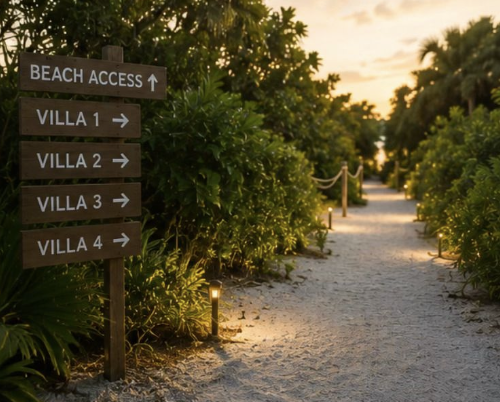 A sandy path leading from the cottages toward the beach